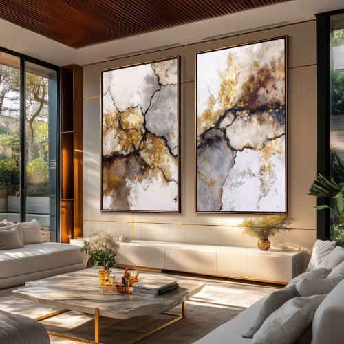 Jogo com 2 Quadros De Luxo Díptico Abstrato Branco, Cinza e Dourado | Conexões Naturais