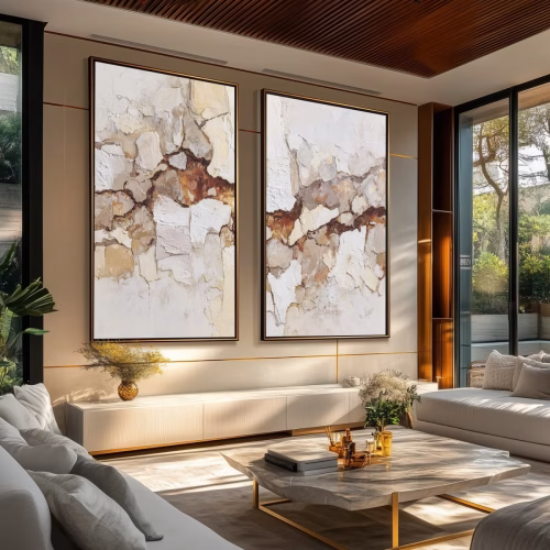 Jogo com 2 Quadros De Luxo Díptico Texturizado Branco e Dourado | Essência Mineral