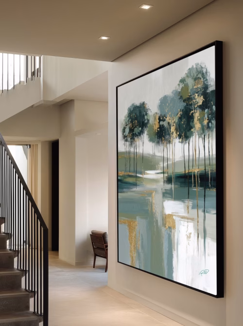 Quadro De Luxo Paisagem Abstrata Verde e Dourado | Serenidade das Águas